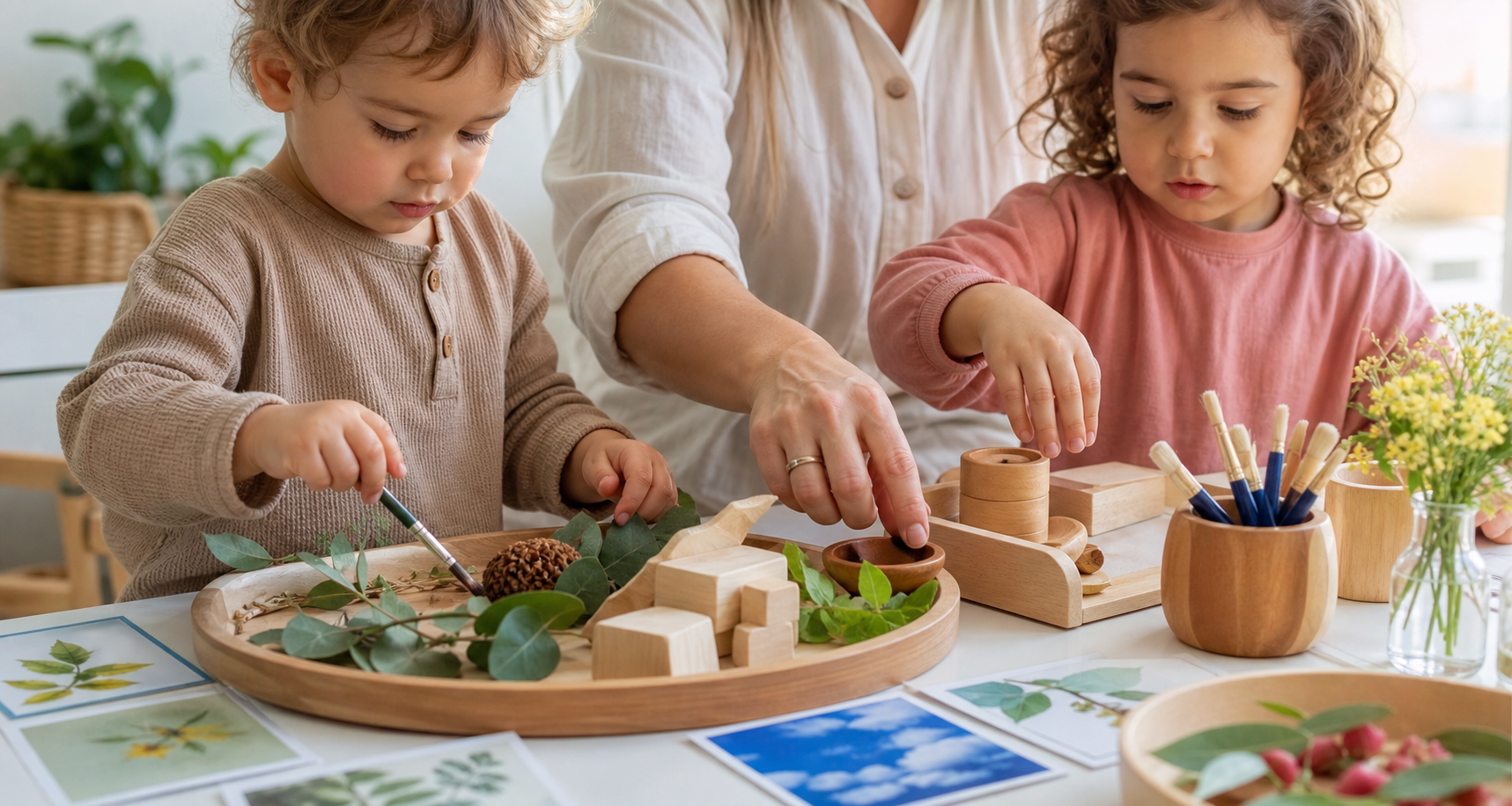 Children's hands exploring sensory play and learning materials